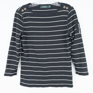 Lauren Ralph Lauren Striped 3/4 Sleeve Top Medium Buttons Pocket Black White